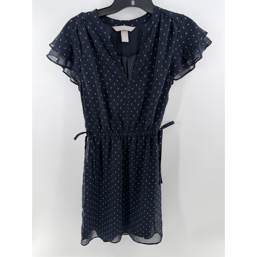 H&M Womens Blue Printed Chiffon V-Neck Flutter Sleeve Pullover Mini Dress Size 2
